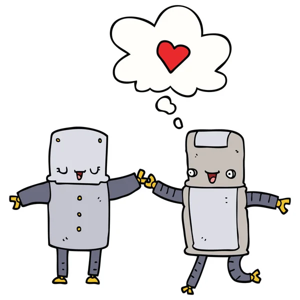 Robots de dibujos animados en el amor y el pensamiento burbuja — Vector de stock