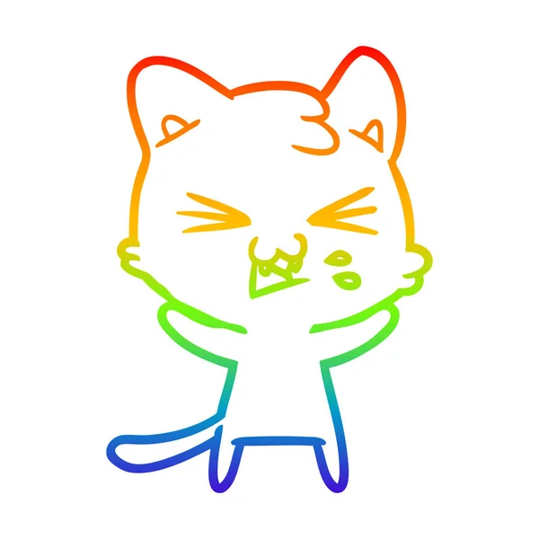 Linea gradiente arcobaleno disegno fumetto gatto sibilante — Vettoriale Stock