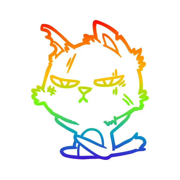 Regenbogen-Gradienten-Linie zeichnet harte Cartoon-Katze — Stockvektor