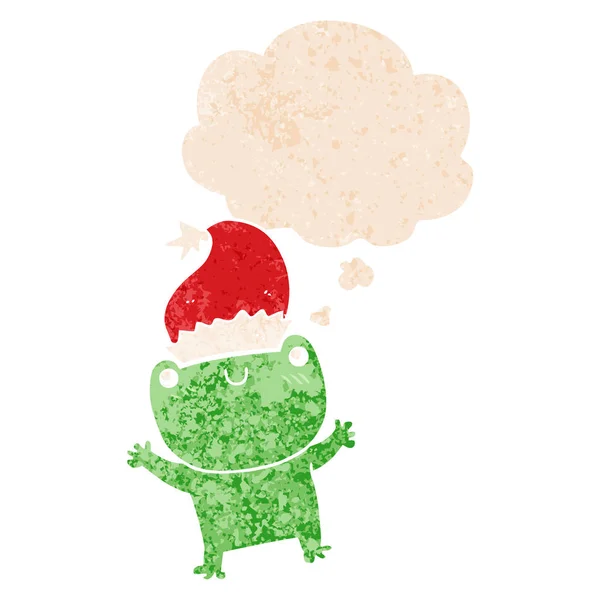 Niedlichen Cartoon-Frosch mit Weihnachtsmütze und Gedankenblase in re — Stockvektor