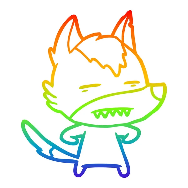 Rainbow Gradient Line Zeichnung Cartoon Wolf zeigt Zähne — Stockvektor