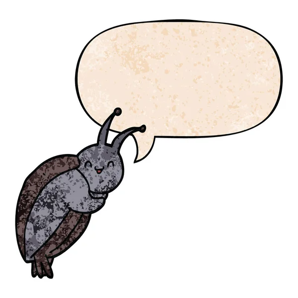 Lindo escarabajo de dibujos animados y burbuja del habla en estilo de textura retro — Archivo Imágenes Vectoriales