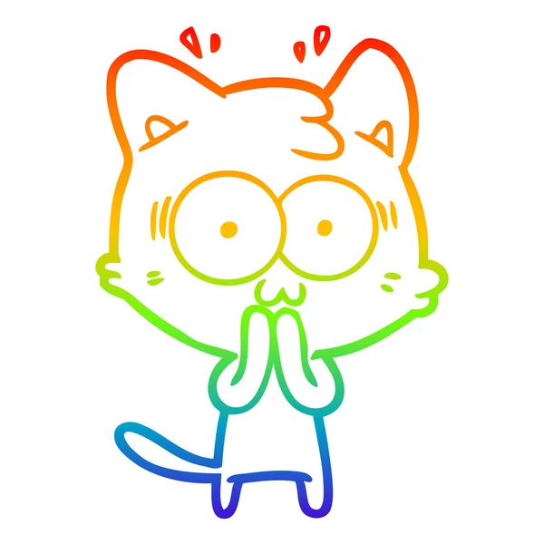 Rainbow gradient line drawing cartoon surprised cat — Stock Vector