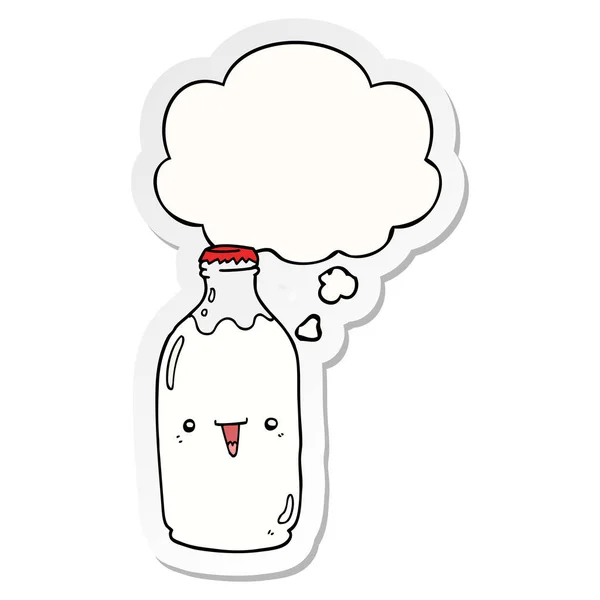 Carino cartone animato bottiglia di latte e bolla pensiero come adesivo stampato — Vettoriale Stock