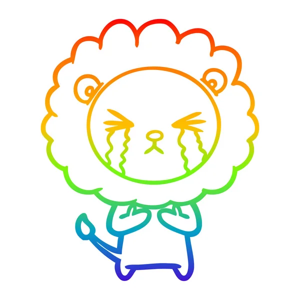 Rainbow gradient line drawing cartoon crying lion — Stock Vector