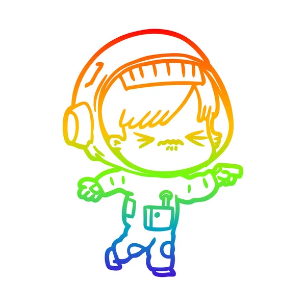 虹のグラデーションラインは怒っている漫画の宇宙の女の子を描く — ストックベクタ
