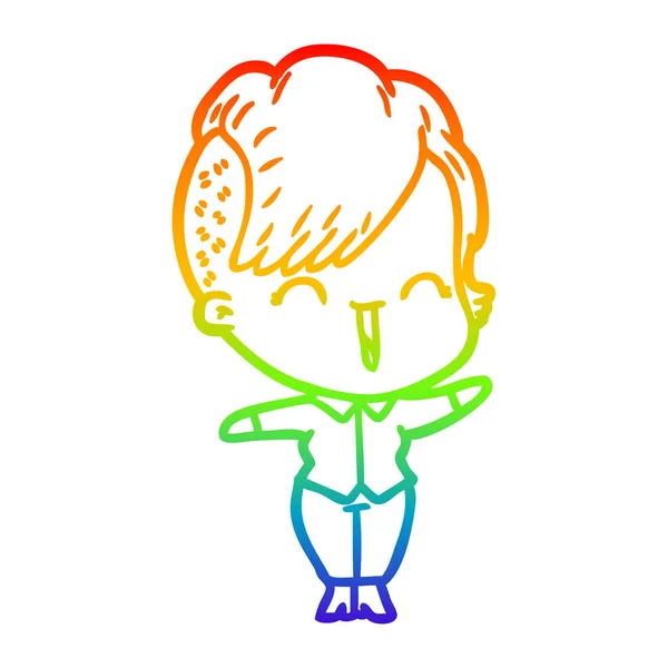 Regenboog gradiënt lijntekening cartoon gelukkig hipster meisje — Stockvector