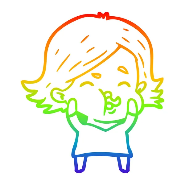 Rainbow gradient line drawing cartoon girl pulling face — Stock Vector