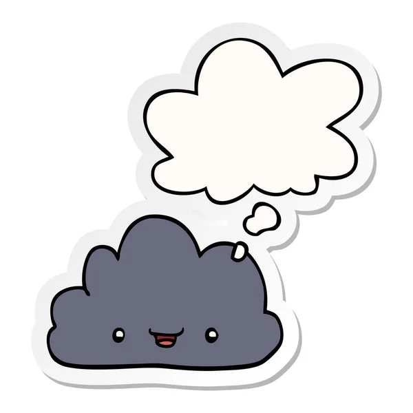 Cartoon tiny happy cloud and thought bubble as a printed sticker — Stock Vector