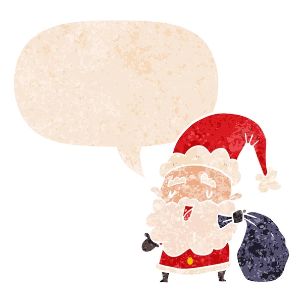 การ์ตูนซานตาคลอสกับกระสอบและการพูดฟองในเนื้อย้อนยุค — ภาพเวกเตอร์สต็อก