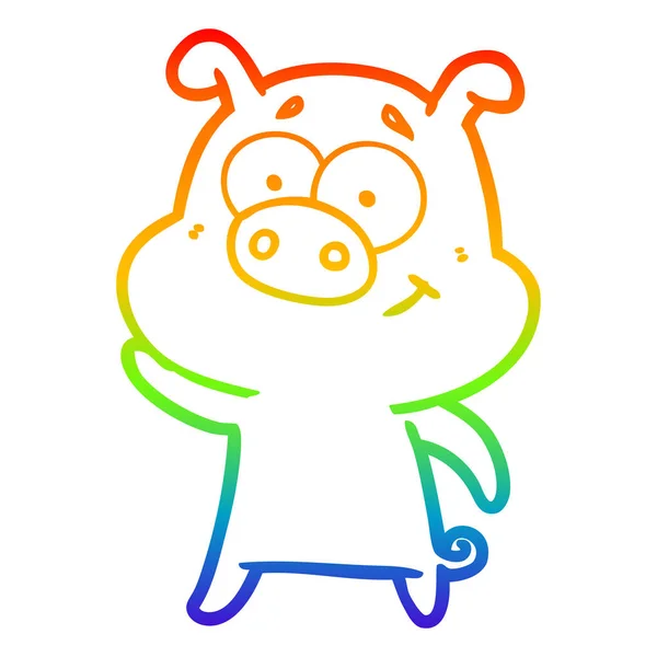 Regenbogen-Gradientenlinie zeichnet glückliches Cartoon-Schwein — Stockvektor