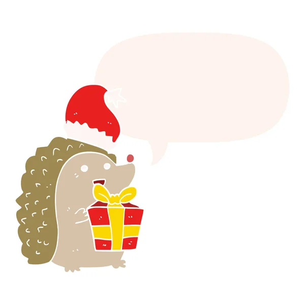 Cartoon-Igel mit Weihnachtsmütze und Sprechblase im Retro-Look — Stockvektor