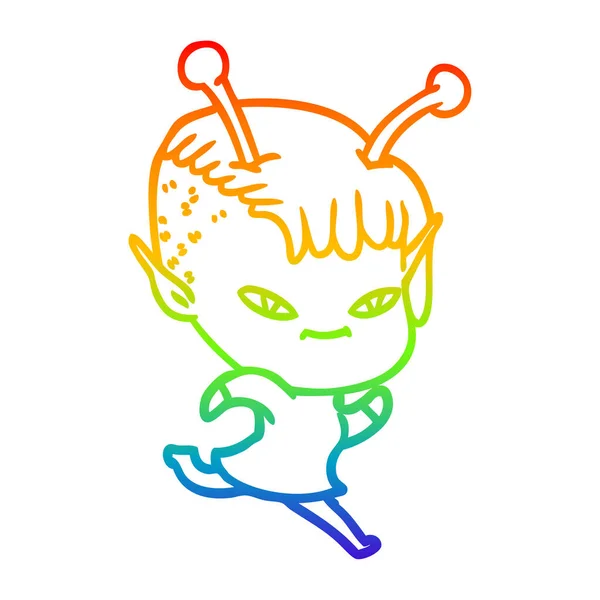 Rainbow gradient line drawing cute cartoon alien girl — Stock Vector