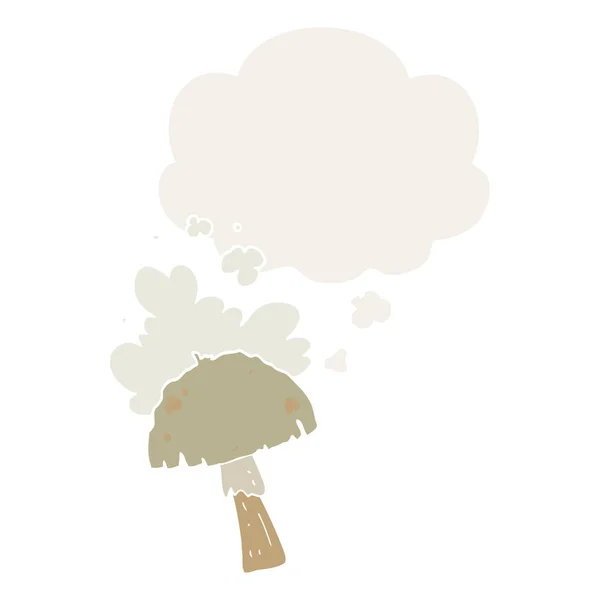 Jamur kartun dengan awan spora dan gelembung pemikiran di retro st - Stok Vektor