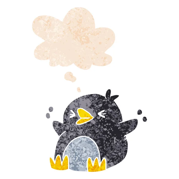 Dessin animé pingouin et bulle de pensée dans un style texturé rétro — Image vectorielle