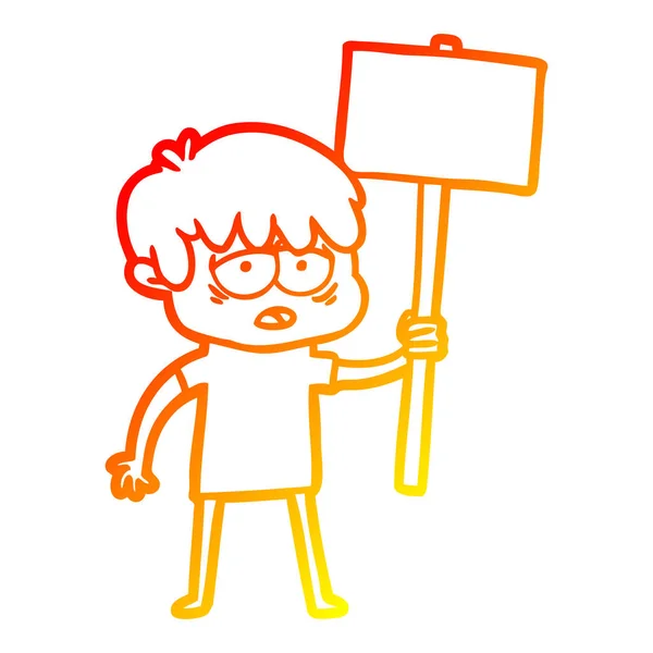 Linha gradiente quente desenho cartoon menino exausto com cartaz — Vetor de Stock