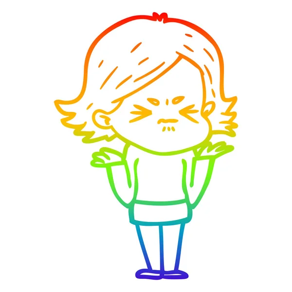 Rainbow gradient linje ritning tecknad arg kvinna — Stock vektor