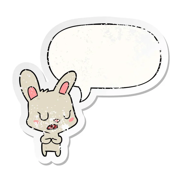 Cartoon rabbit talking and speech bubble distressed sticker — Stock Vector