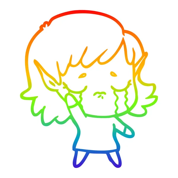 Arcobaleno gradiente linea disegno cartone animato piangendo elfo ragazza — Vettoriale Stock