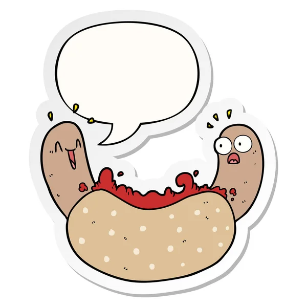 Dibujos animados hotdog y la burbuja del habla pegatina — Vector de stock