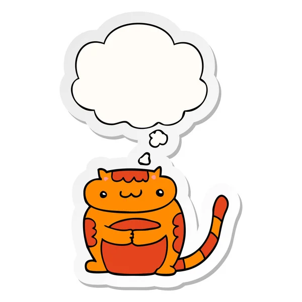 Lindo gato de dibujos animados y burbuja de pensamiento como una pegatina impresa — Vector de stock