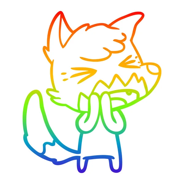 Rainbow gradient ligne dessin en colère dessin animé renard — Image vectorielle