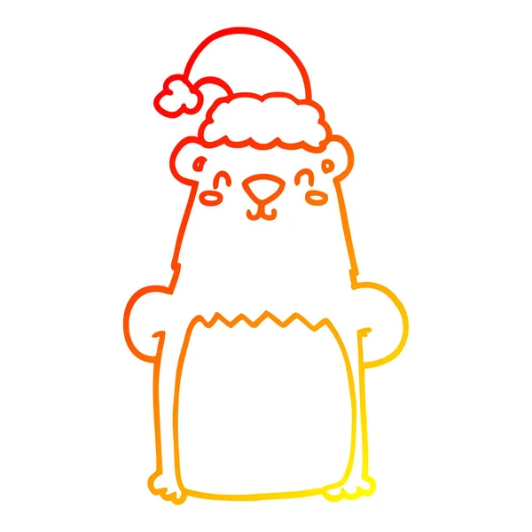 Warm gradient line drawing cartoon bear wearing christmas hat — Stock Vector