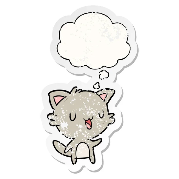 Desenho animado gato feliz e bolha de pensamento como um vara desgastado angustiado —  Vetores de Stock