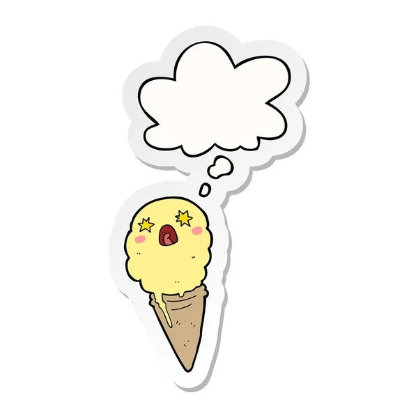 Desenho animado sorvete chocado e bolha de pensamento como um sticke impresso — Vetor de Stock