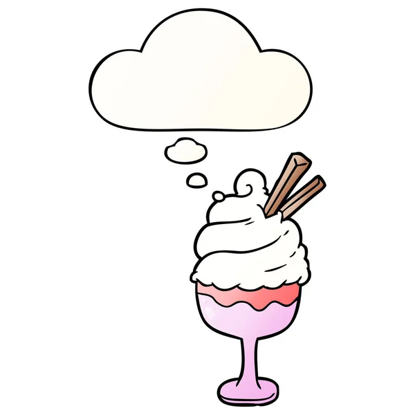 Helado de dibujos animados y burbuja de pensamiento en estilo gradiente suave — Vector de stock