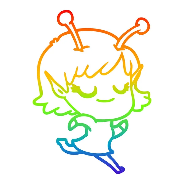 Rainbow gradient line drawing smiling alien girl cartoon running — Stock Vector