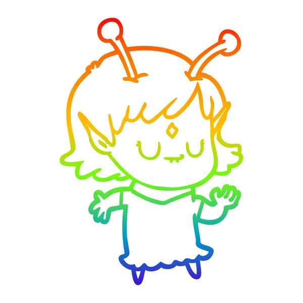 Arcobaleno gradiente linea disegno cartone animato alieno ragazza danza — Vettoriale Stock