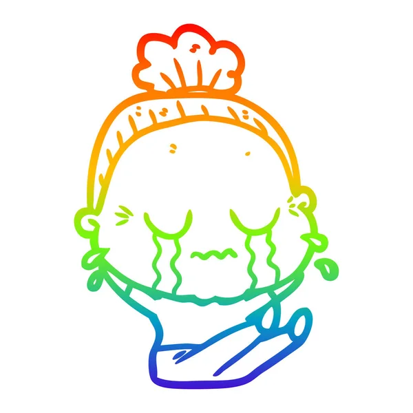 Rainbow gradient line drawing cartoon crying old lady — Stock Vector