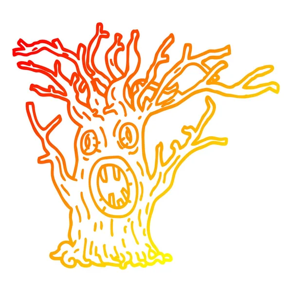 Línea de gradiente caliente dibujo dibujos animados árbol espeluznante — Vector de stock