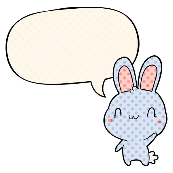 Lindo conejo de dibujos animados ondeando y burbuja de habla en estilo de cómic — Vector de stock