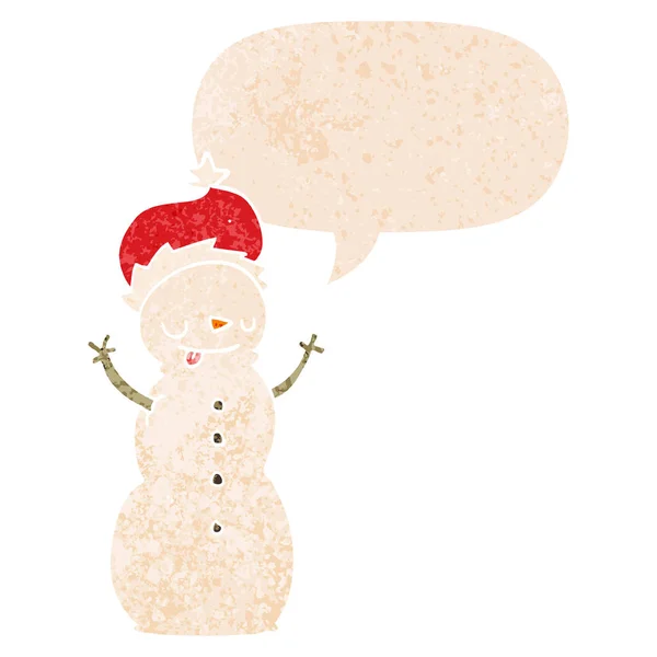 Cartoon christmas snowman and speech bubble in retro textured st — Stock Vector