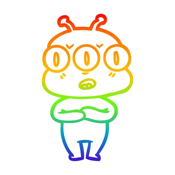 Rainbow gradient linje ritning Cartoon Three Eyed Alien — Stock vektor