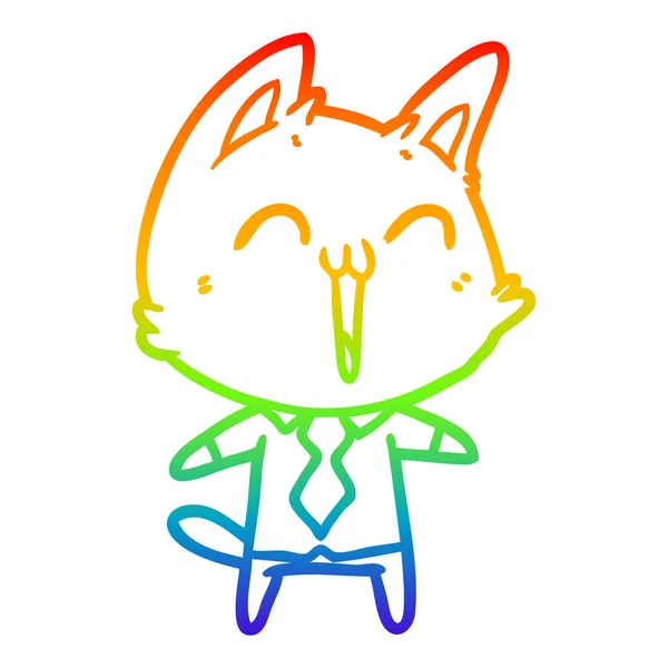 Regenbogen-Gradienten-Linie zeichnet glücklich Cartoon-Katze — Stockvektor