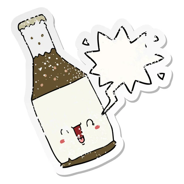 Cartoon beer bottle and speech bubble distressed sticker — Stock Vector