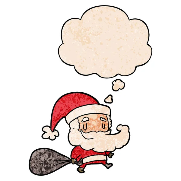 Dibujos animados santa claus con saco y burbuja de pensamiento en grunge textu — Archivo Imágenes Vectoriales