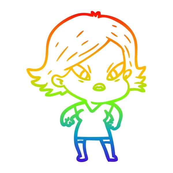 Rainbow gradient ligne dessin dessin animé femme stressée — Image vectorielle