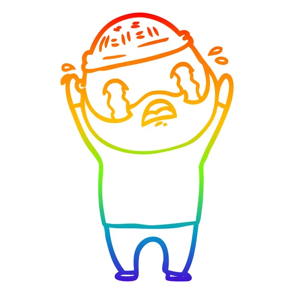 Rainbow gradient line drawing cartoon bearded man crying — Stock Vector
