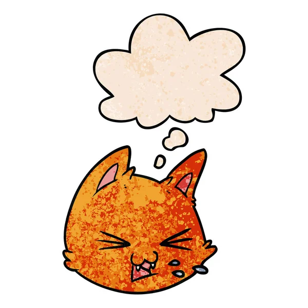 Escupir caricatura gato cara y pensamiento burbuja en grunge textura p — Vector de stock