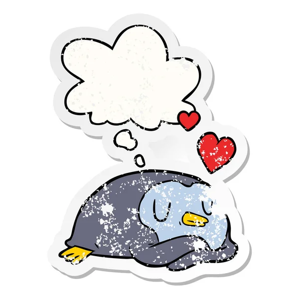 Cartoon penguin in love and thought bubble as a distressed worn — Stock Vector