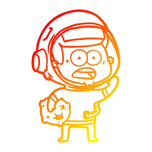 Warme Gradientenlinie Zeichnung Cartoon überrascht Astronaut hält m — Stockvektor