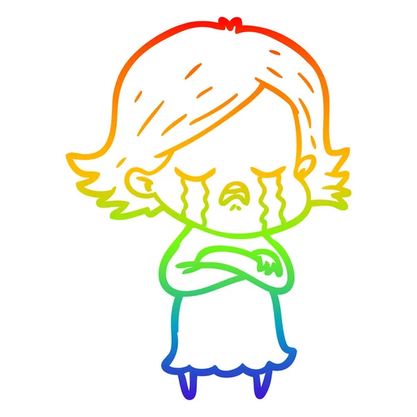 虹のグラデーションライン描画漫画の女の子泣く — ストックベクタ