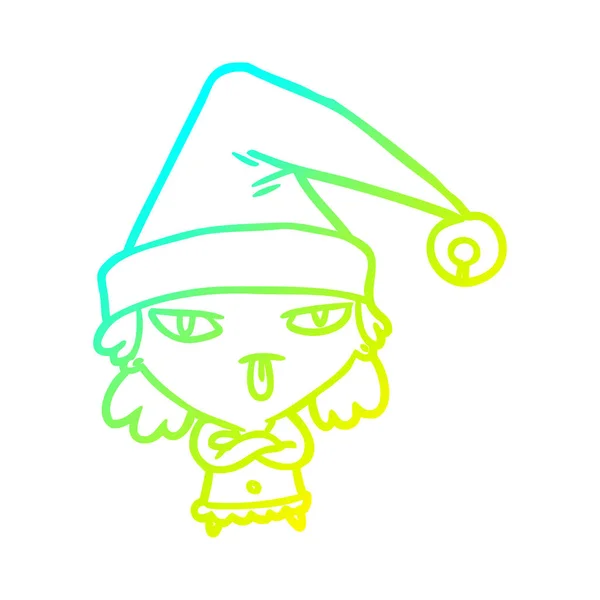 Frío gradiente línea dibujo chica usando navidad sombrero — Vector de stock