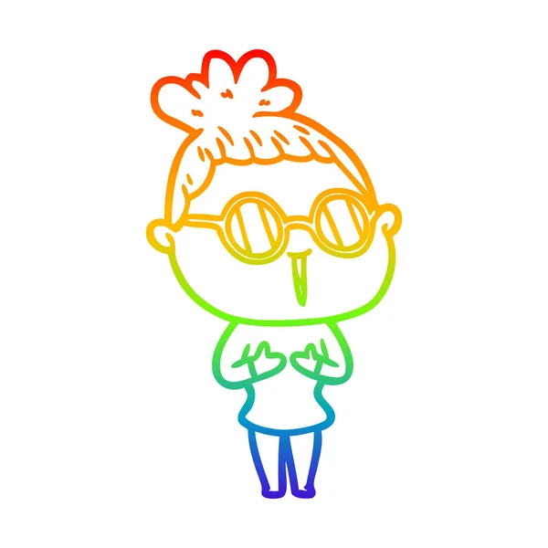 Rainbow gradient linje ritning tecknad kvinna bär glasögon — Stock vektor