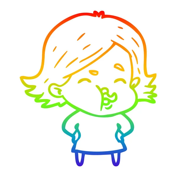 Rainbow gradient line drawing cartoon girl pulling face — Stock Vector