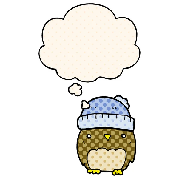 漫画本スタイルで帽子と思考バブルでかわいい漫画フクロウ — ストックベクタ